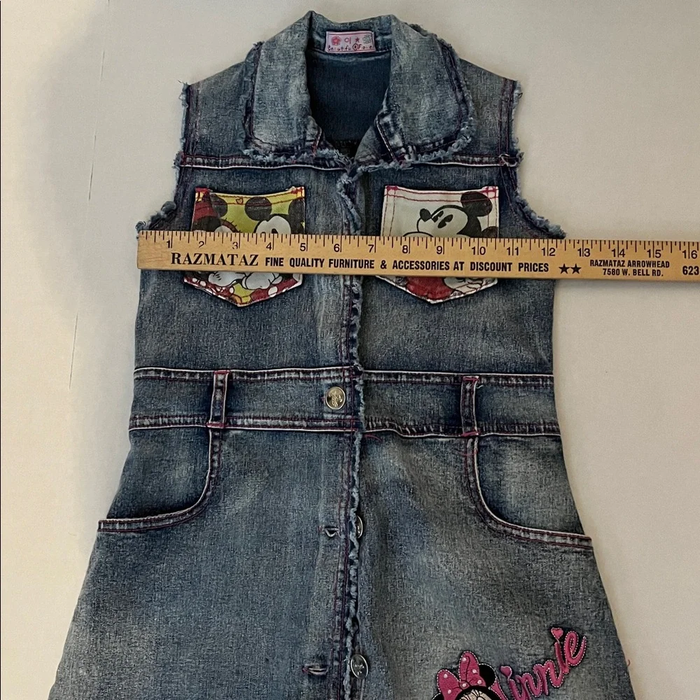 Disney Minnie Jean girls dress with metal buttons front edged in red thread